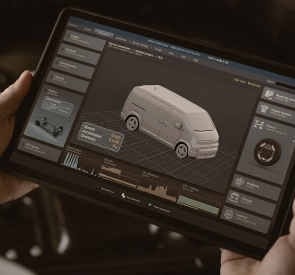 Hände halten ein Tablet mit einem 3D-Modell eines Kia Fahrzeugs samt Diagnose- und Systemdaten